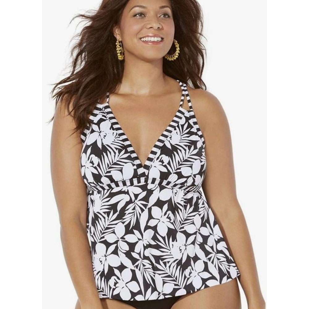 Swimsuits For All Loop Strap Tankini Top Black & White Floral Size 10